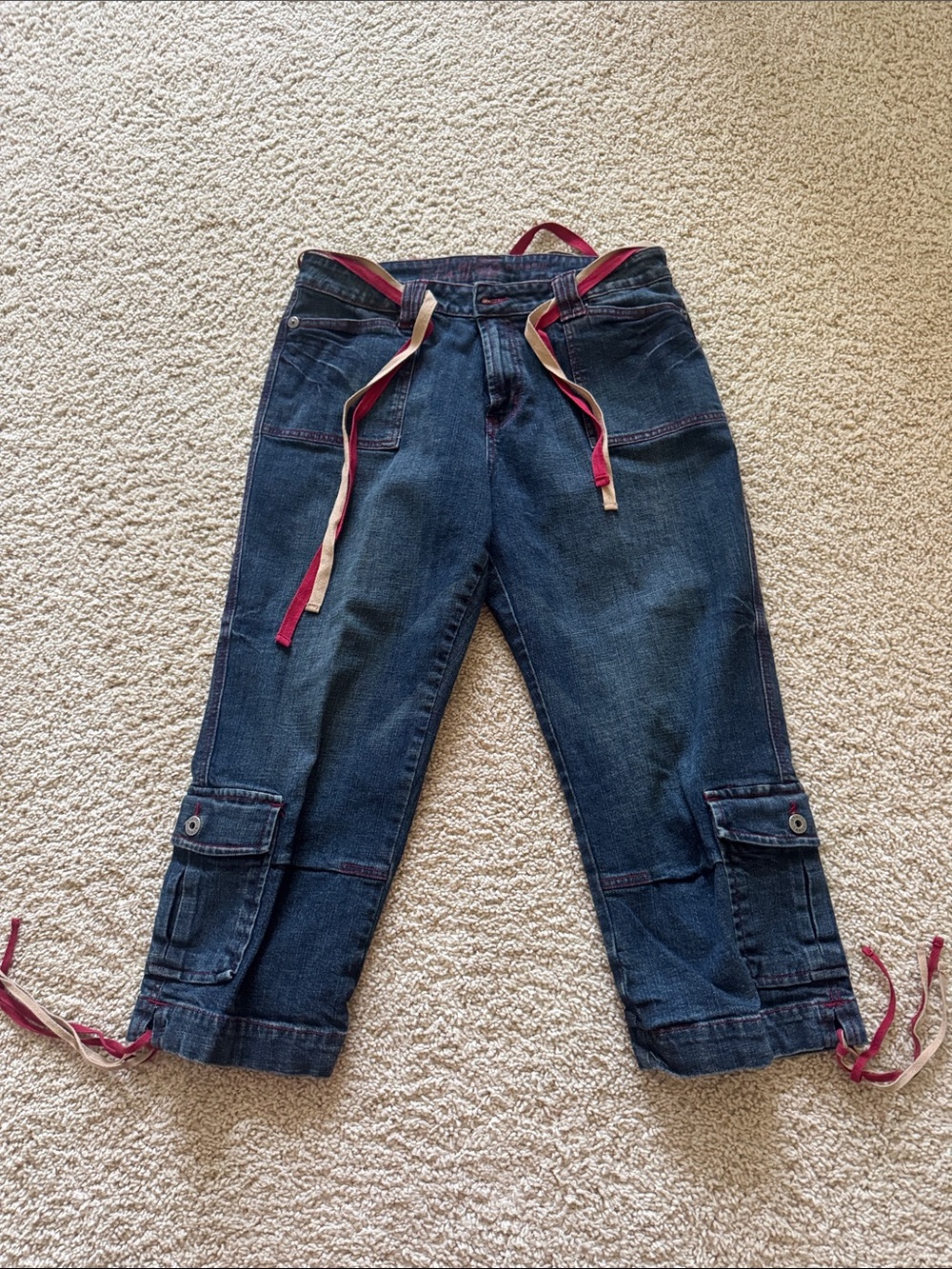 Women's Dark Blue Cropped Cargo Jeans with Pink Accent